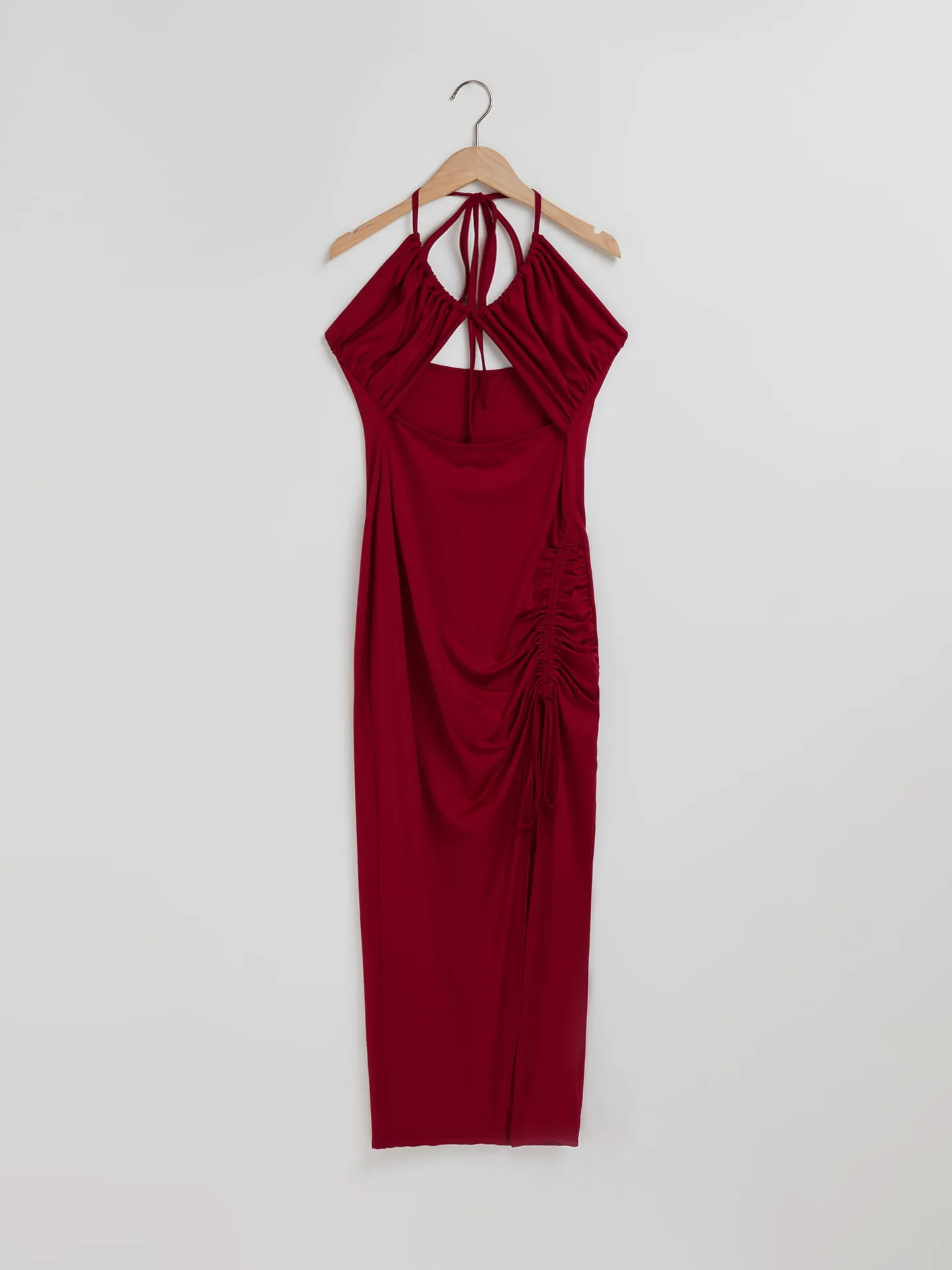 Cut Out Split Halter Dress in Burgundy