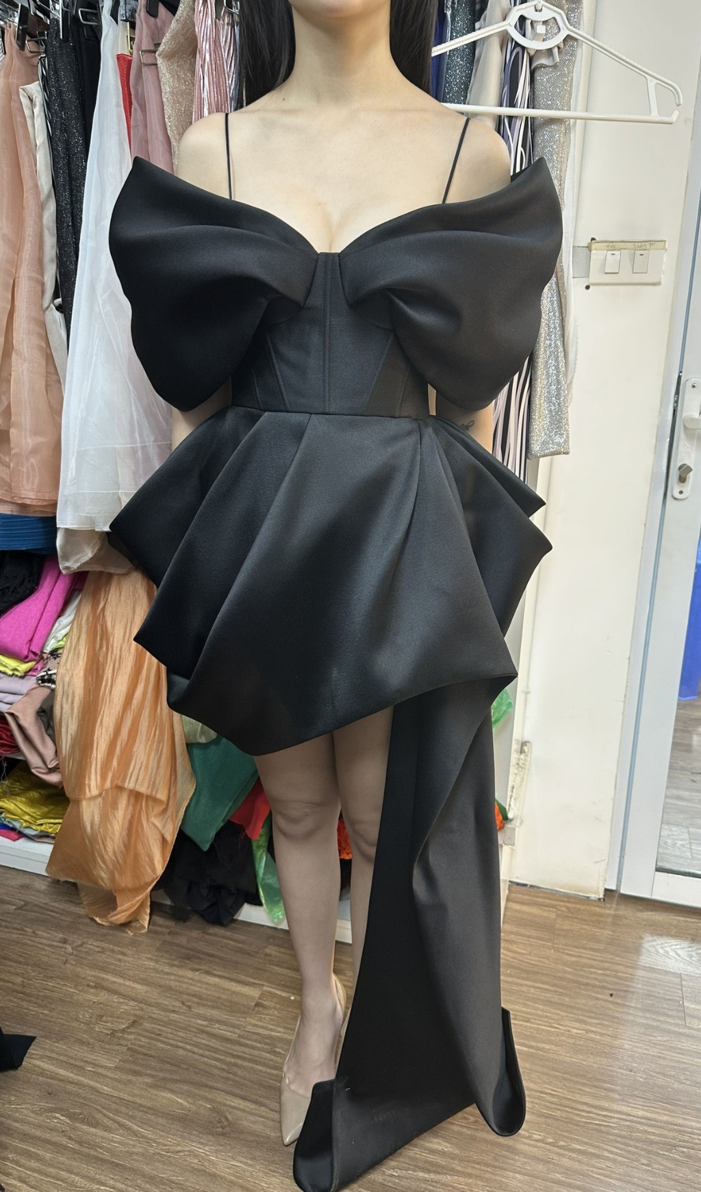 BLACK SATIN BOW MINI DRESS