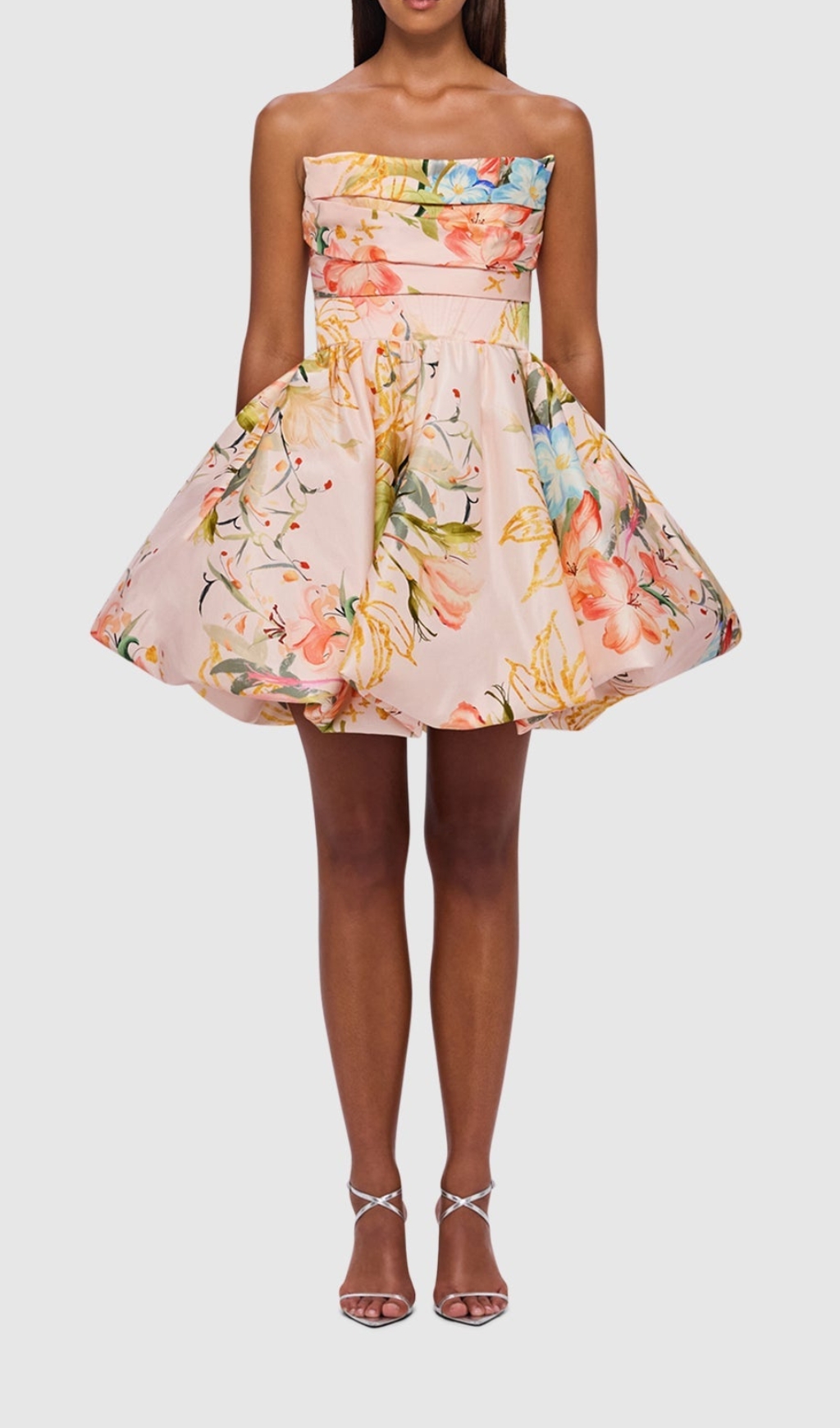 STRAPLESS FLOWER PRITED MINI DRESS