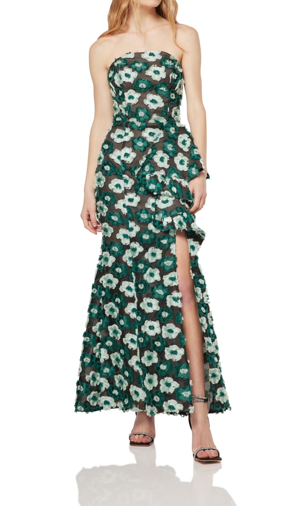 GREEN STRAPLESS FLOWER MAXI DRESS