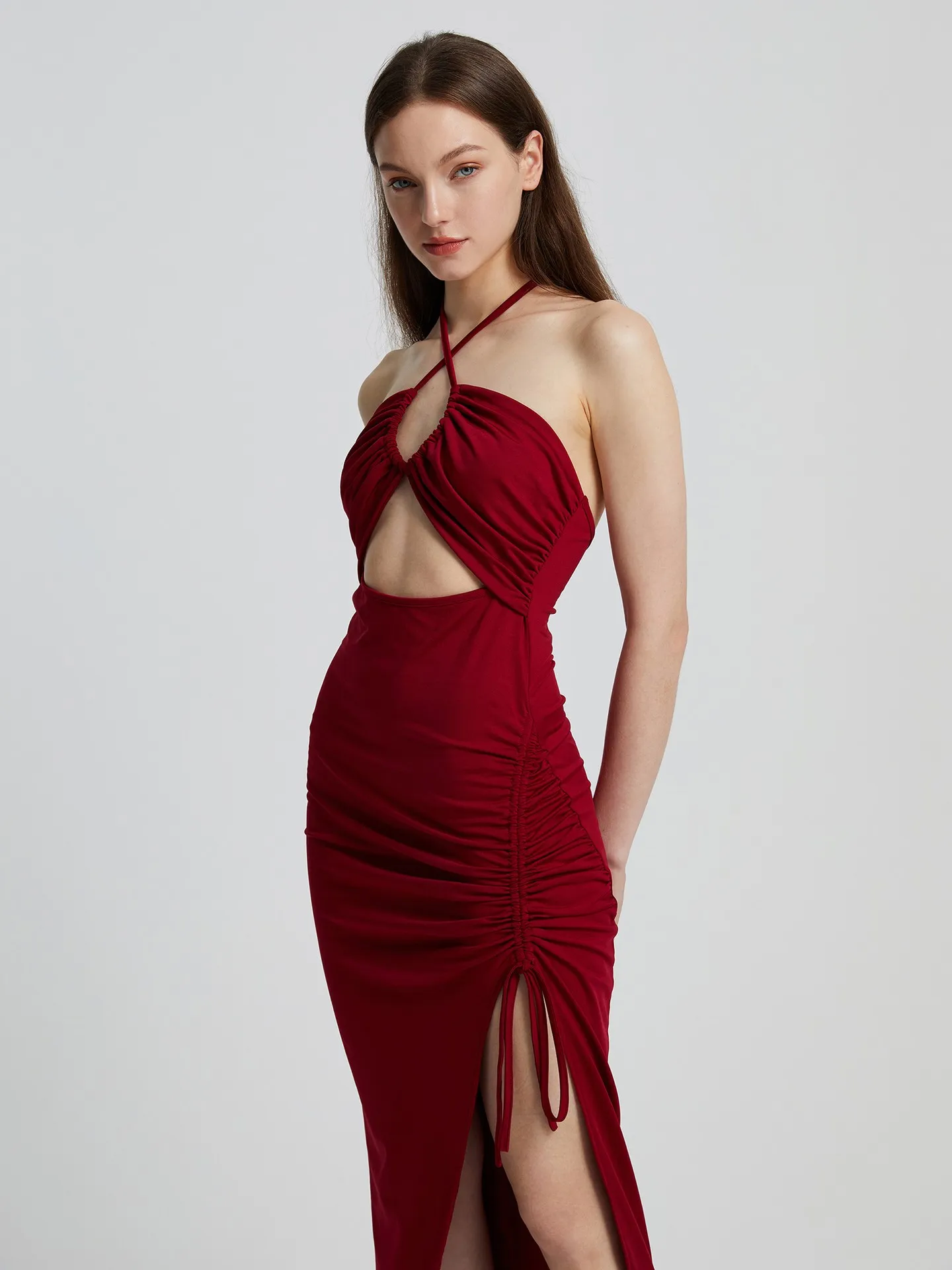 Cut Out Split Halter Dress in Burgundy