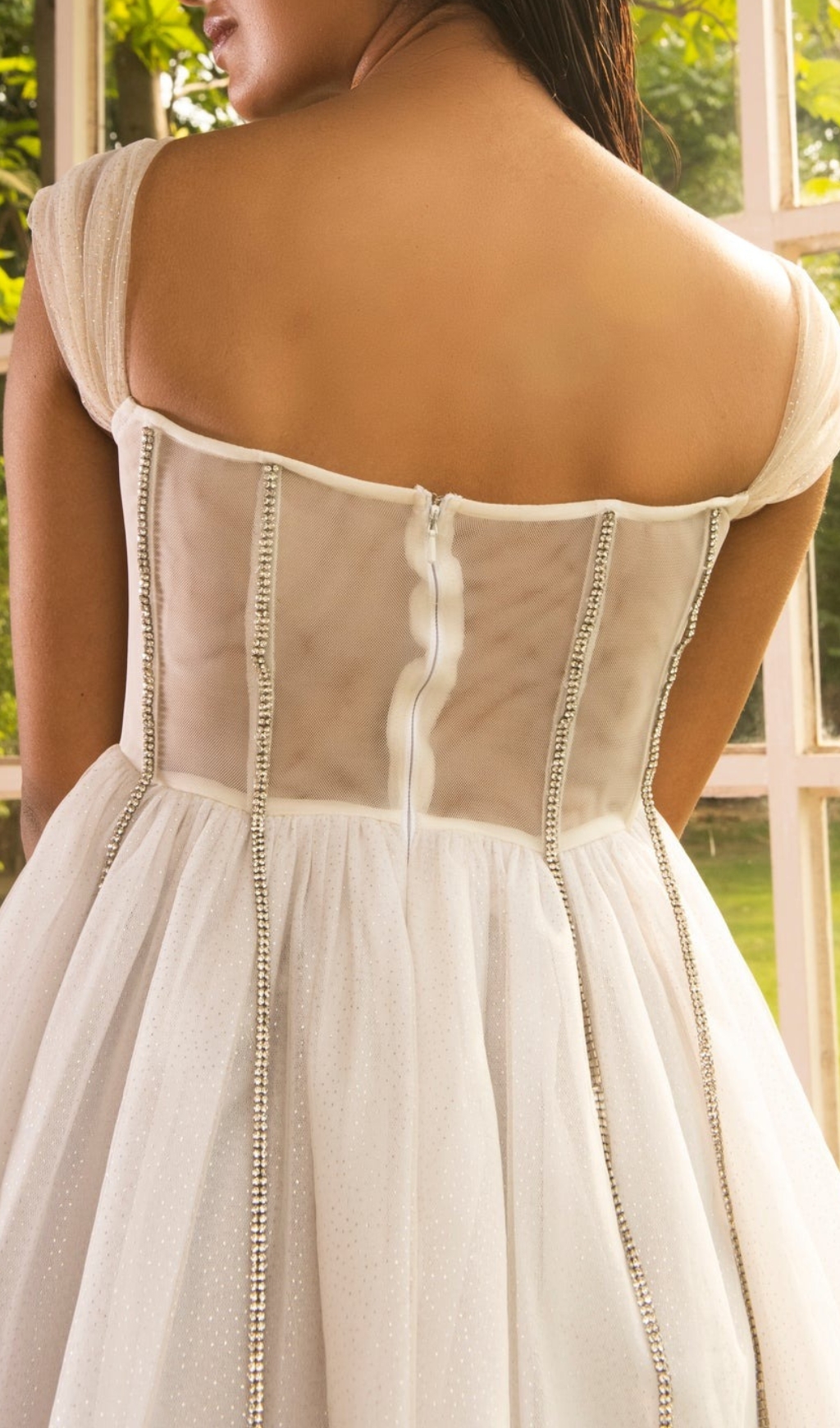 WHITE RHINESTONE EMBROIDERED CORSET DRESS