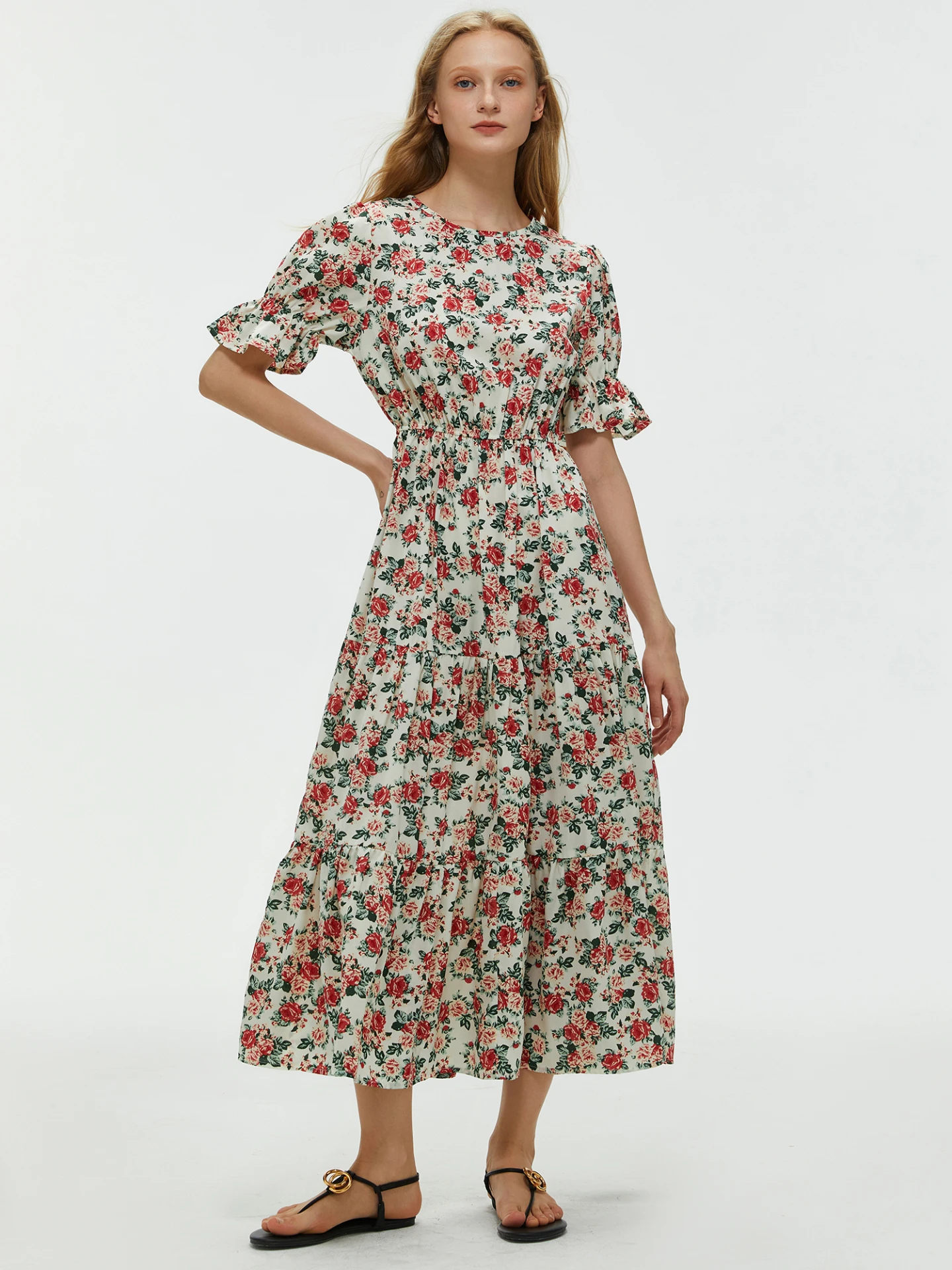 Floral Print Ruffled Long Dress in White-Red