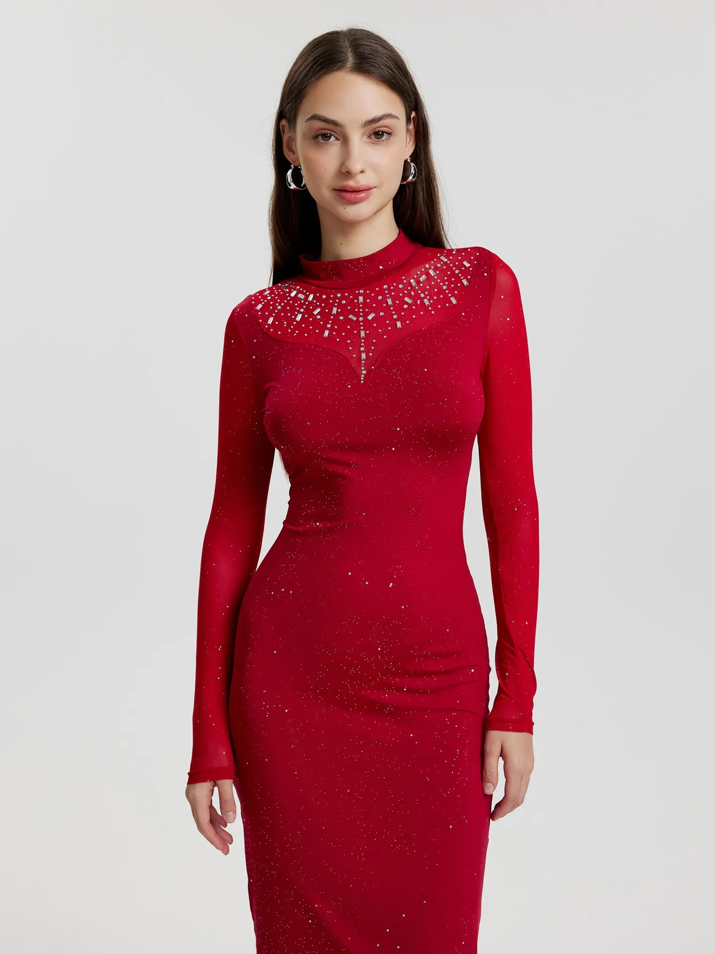 Sheer Bodycon Dress In Burgundy