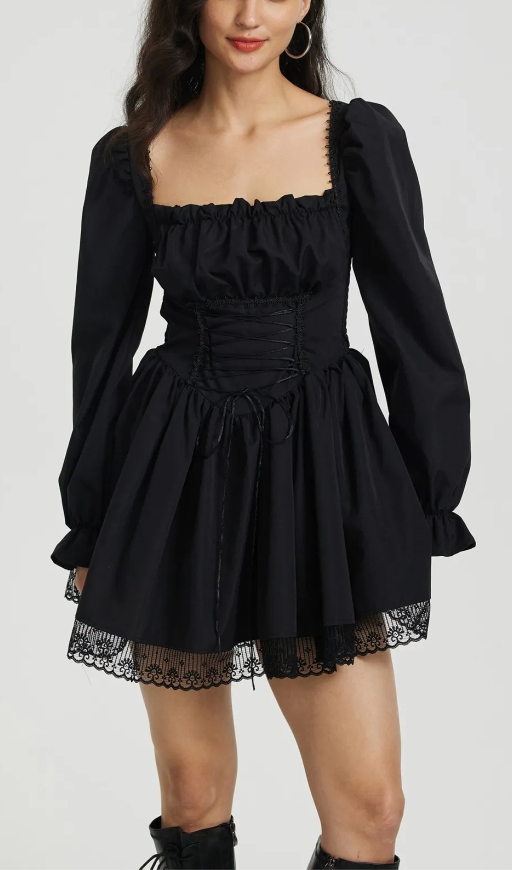 Lace Up A-Line Dress In Black