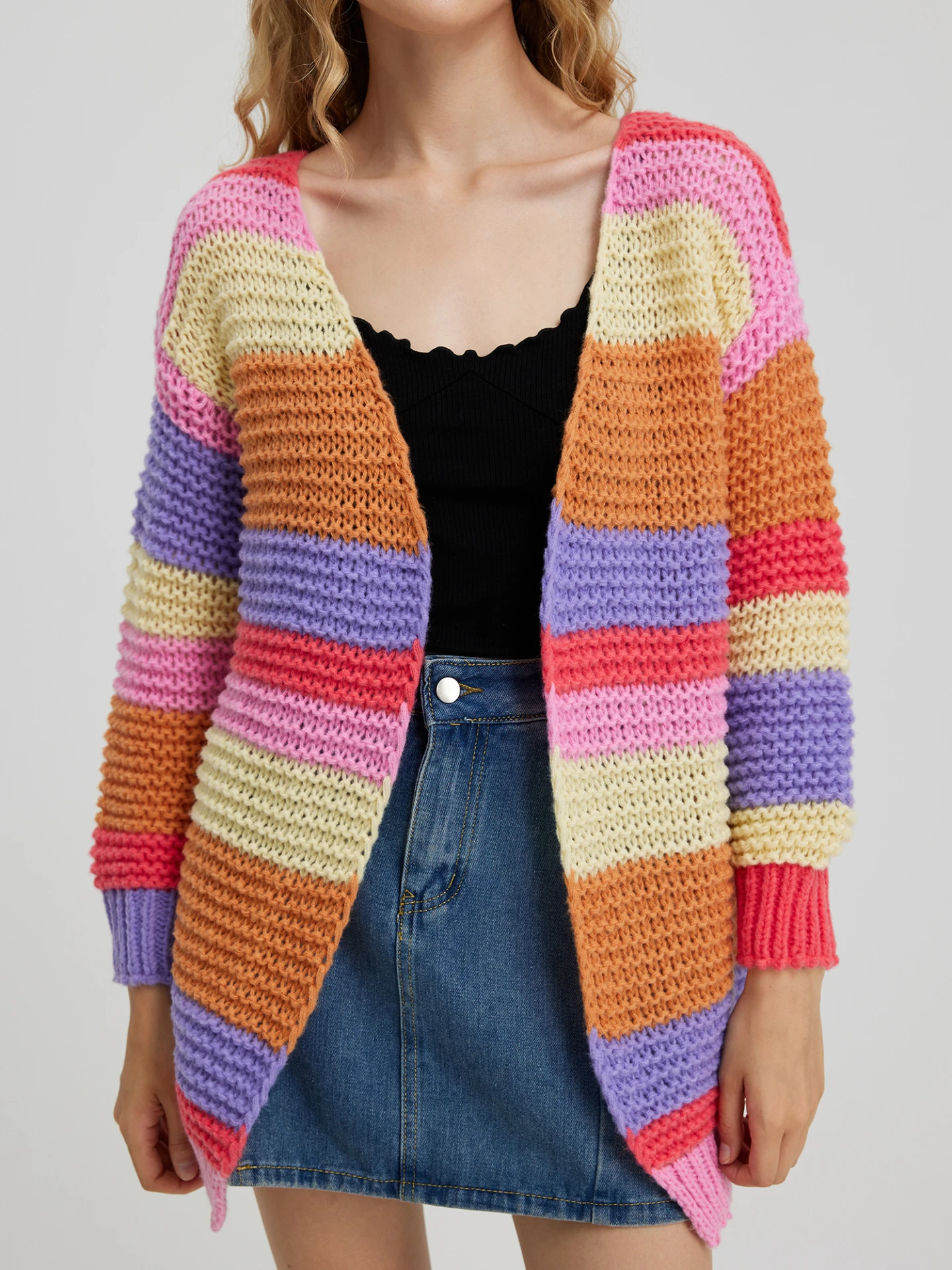 Rainbow Striped Crochet Cardigan in Multicolor