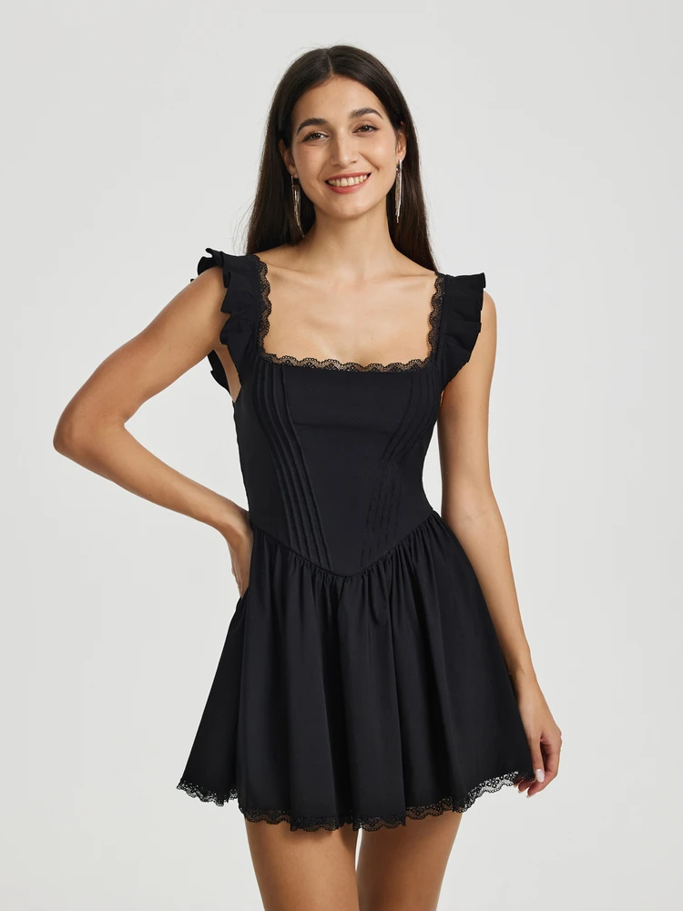 Lace Up A-Line Dress In Black