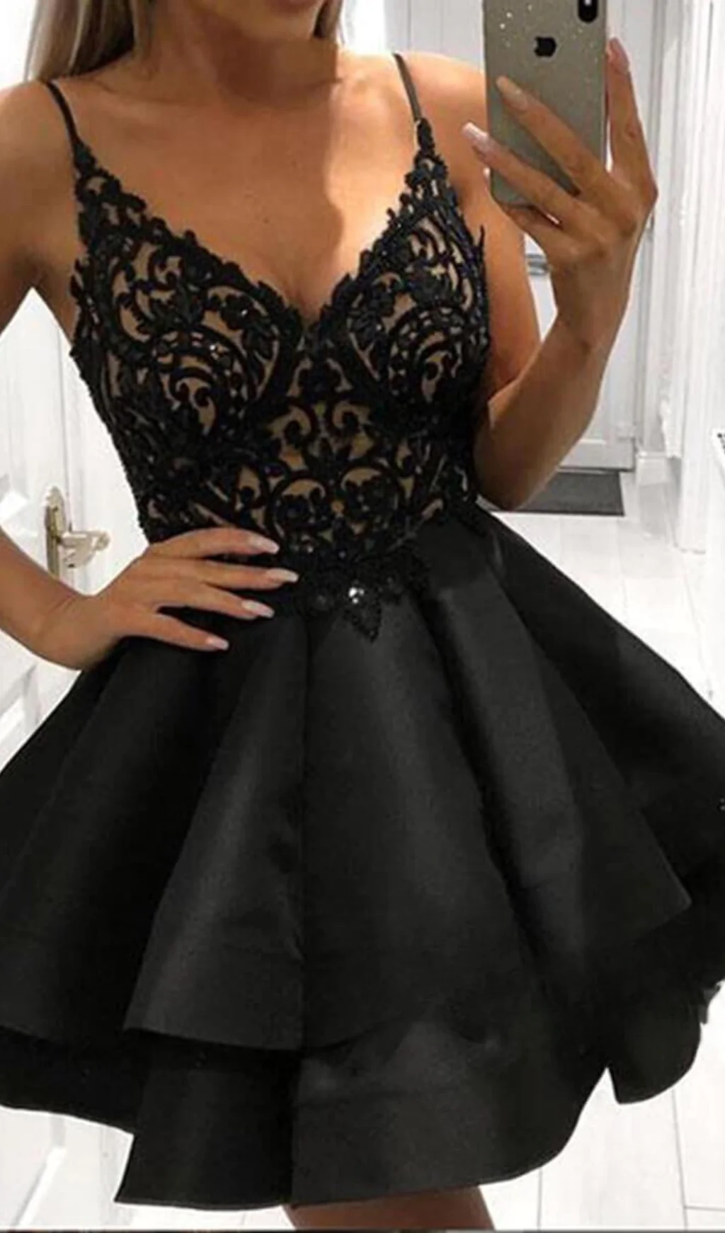 Spaghetti Strap Little Black Dress Mini Homecoming Dresses SD1207