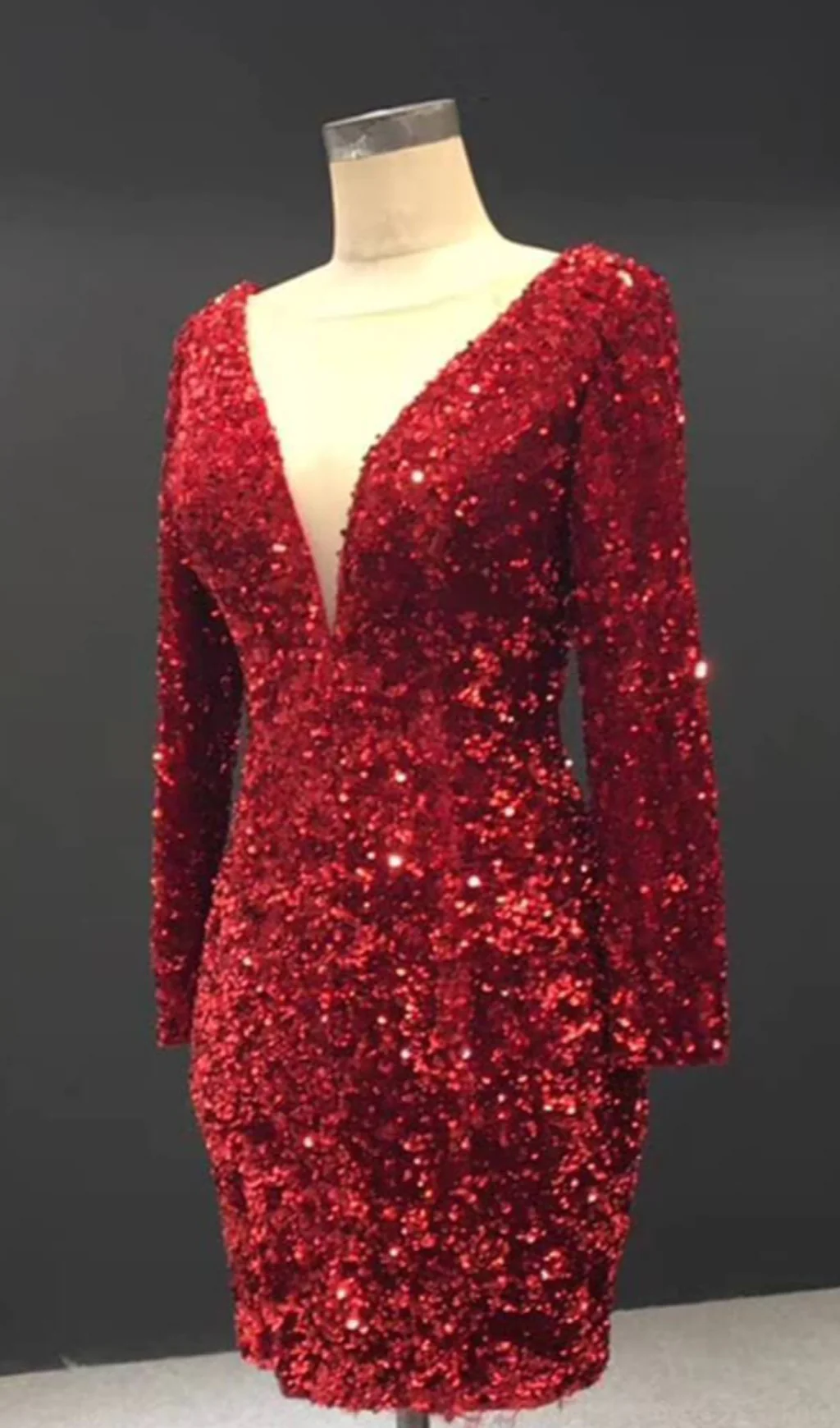 Mini Red Bodycon Cocktail Dress Long Sleeve Shimmering Party Dress FD1986B