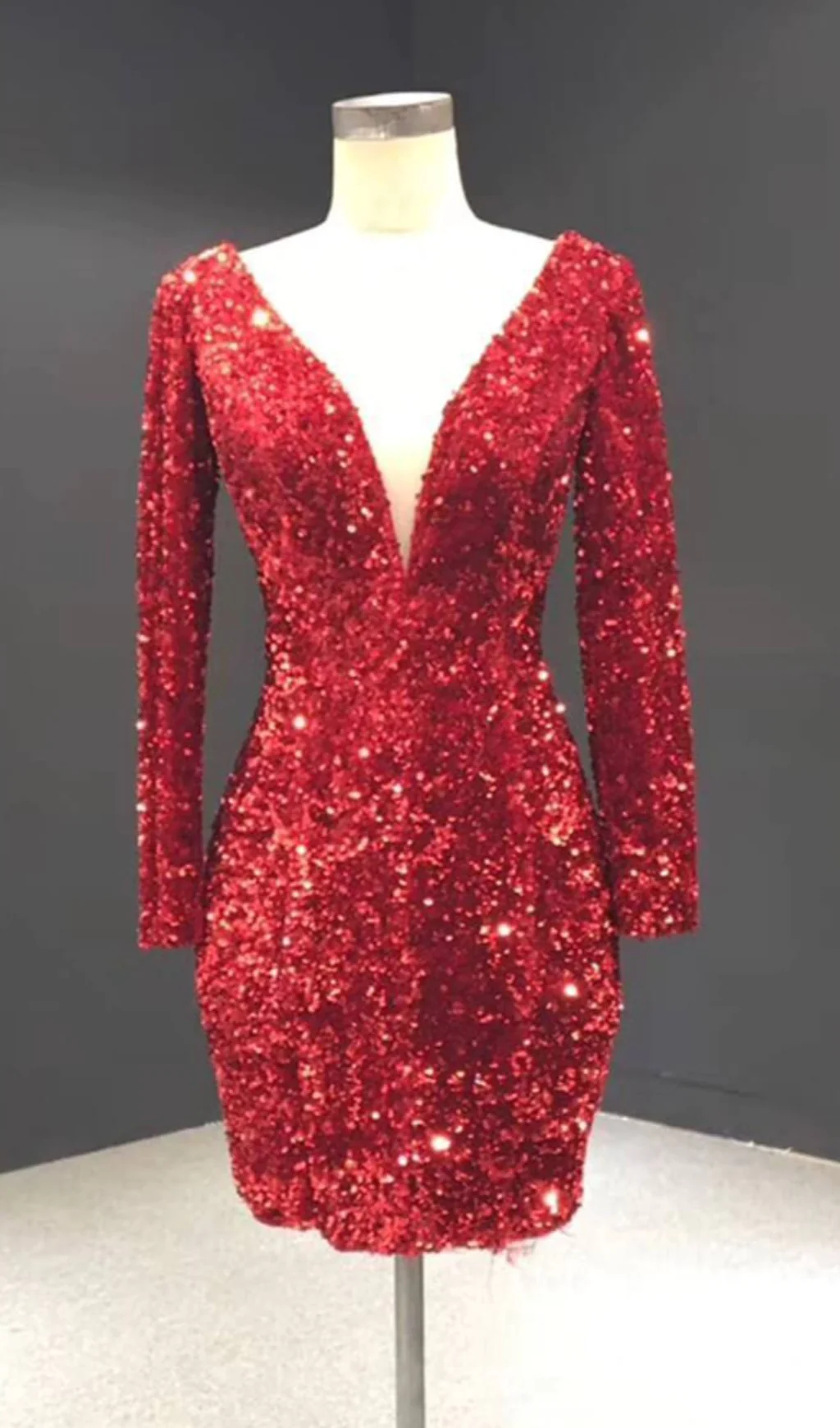 Mini Red Bodycon Cocktail Dress Long Sleeve Shimmering Party Dress FD1986B