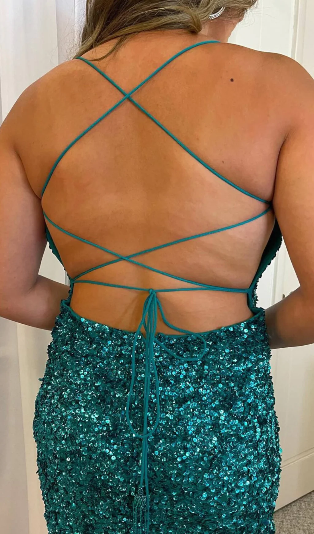 Green Sequin Bodycon Hoco Dress Spaghetti Strap Mini Cocktail Dress SD1458