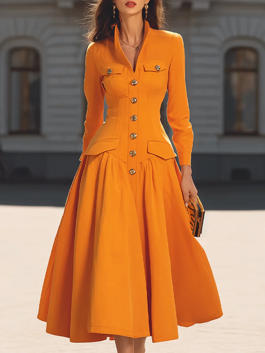 Elegant Tailored Midi Dress With Button Detail