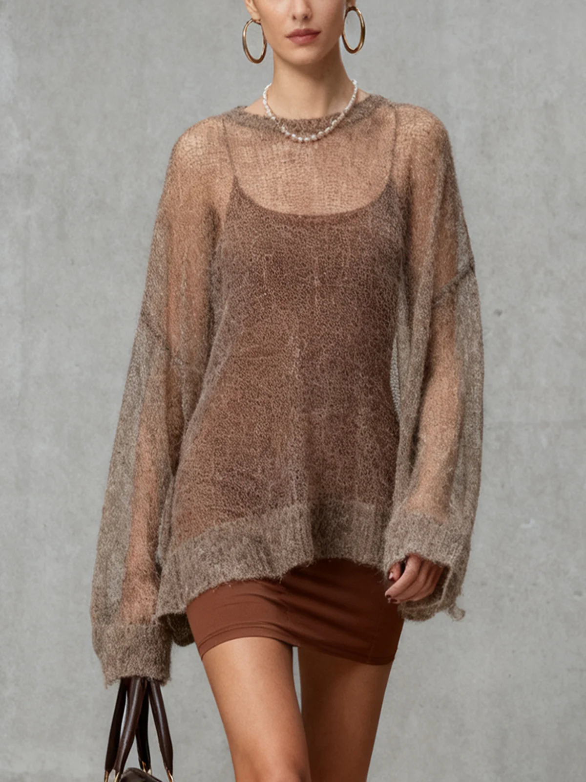 Sheer Knit Oversized Sweater With Brown Dress Set