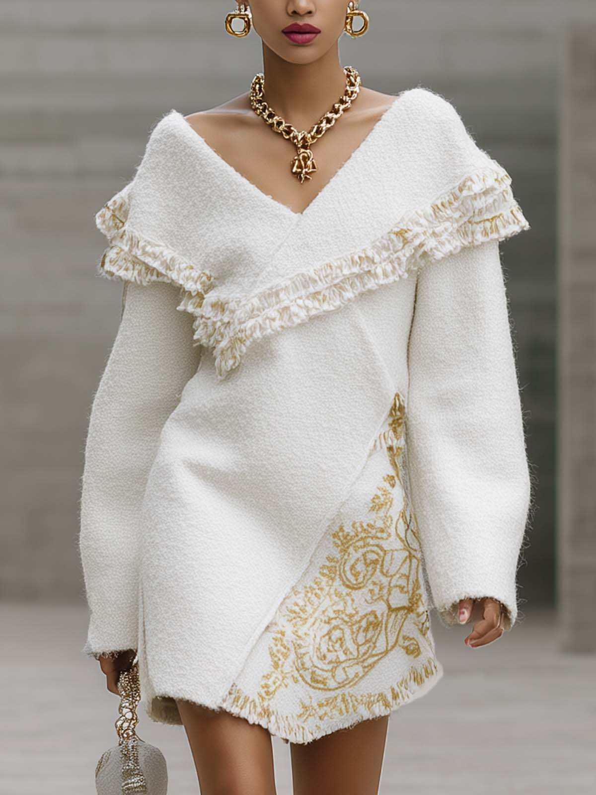 Ivory Wool Blend Off-shoulder Printed Tassel Mini Dress