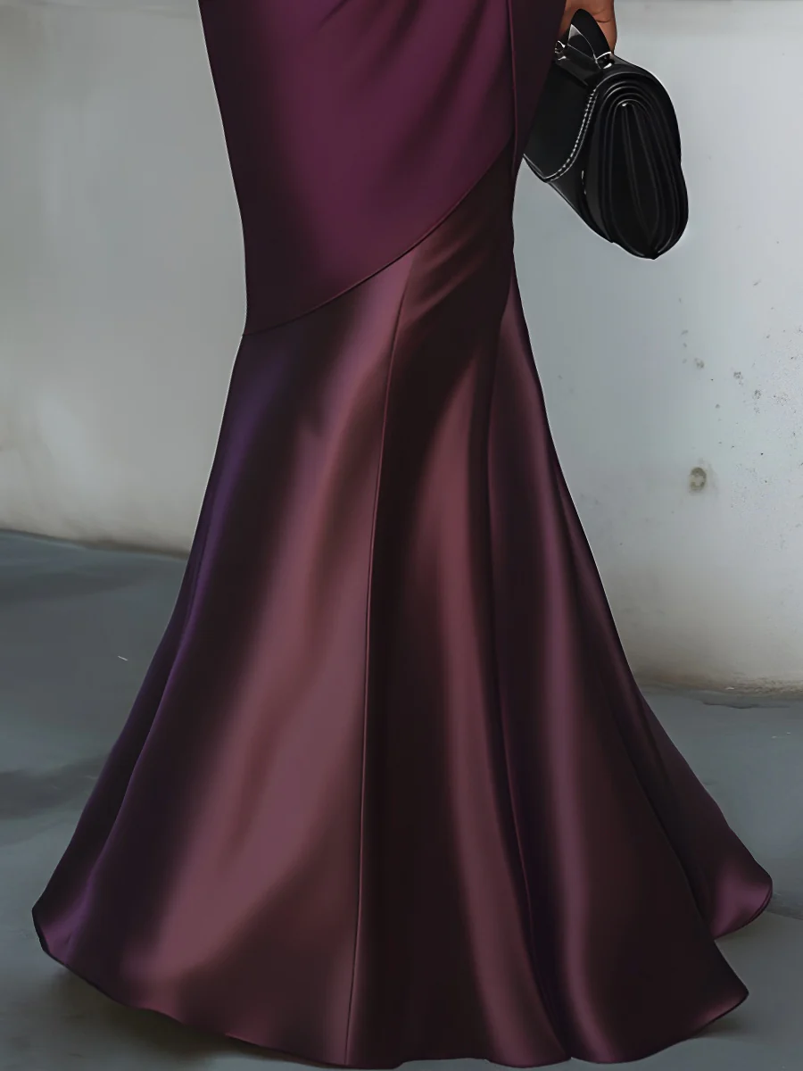 V-Neck Satin Draped Mermaid Evening Dress