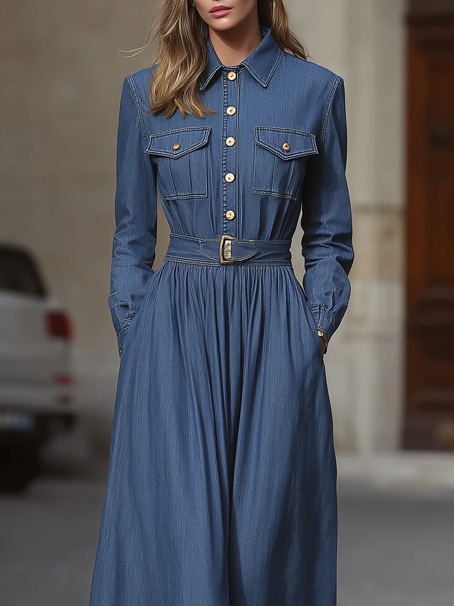 Denim Belted Midi Shirt Dress