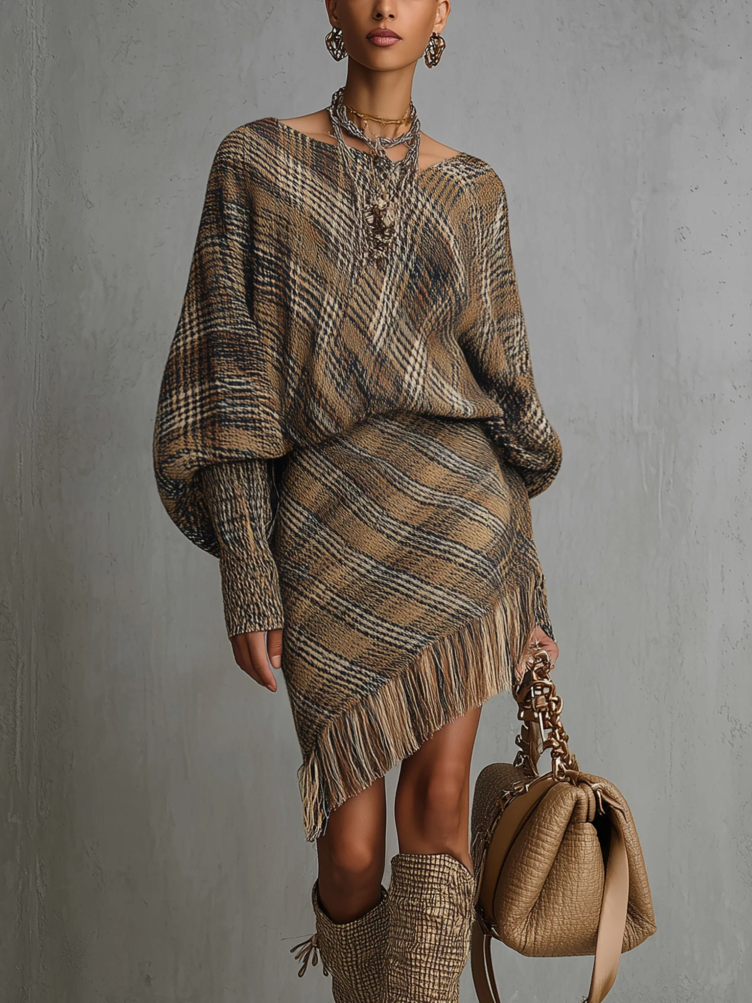 Brown Plaid Fringe Knit Long Sleeve Mini Dress