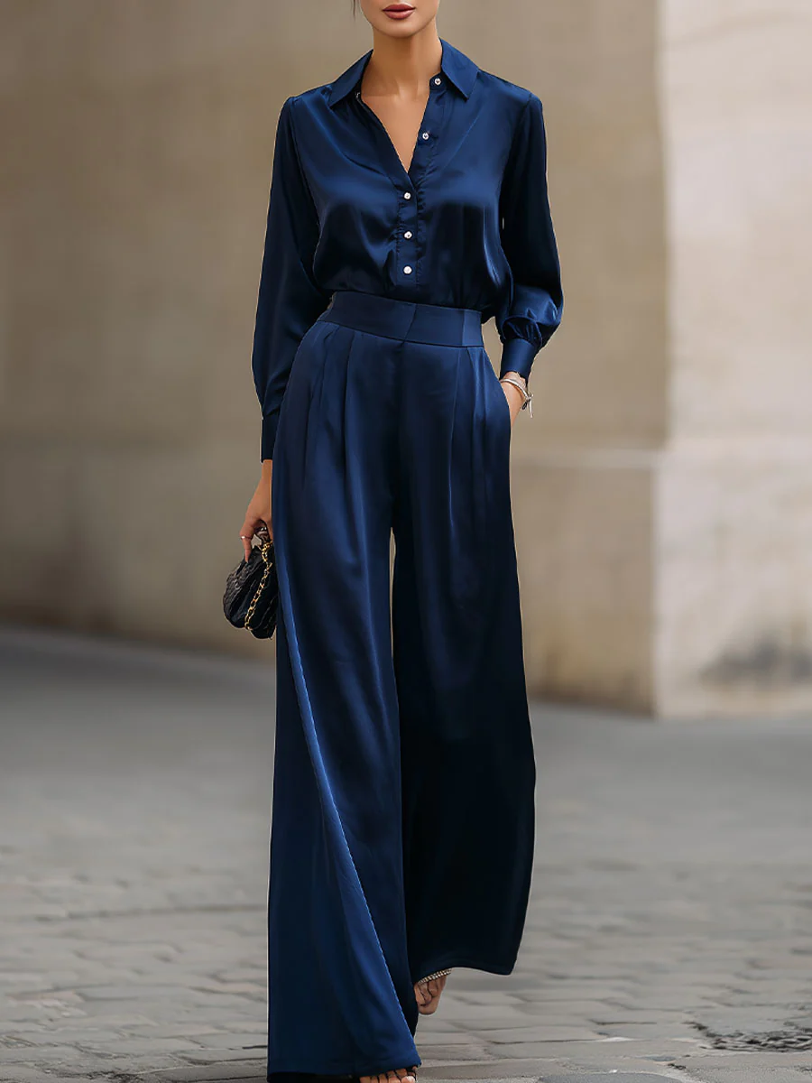 Chic Satin Two-Piece Set With Button-Up Blouse And Wide-Leg Trousers