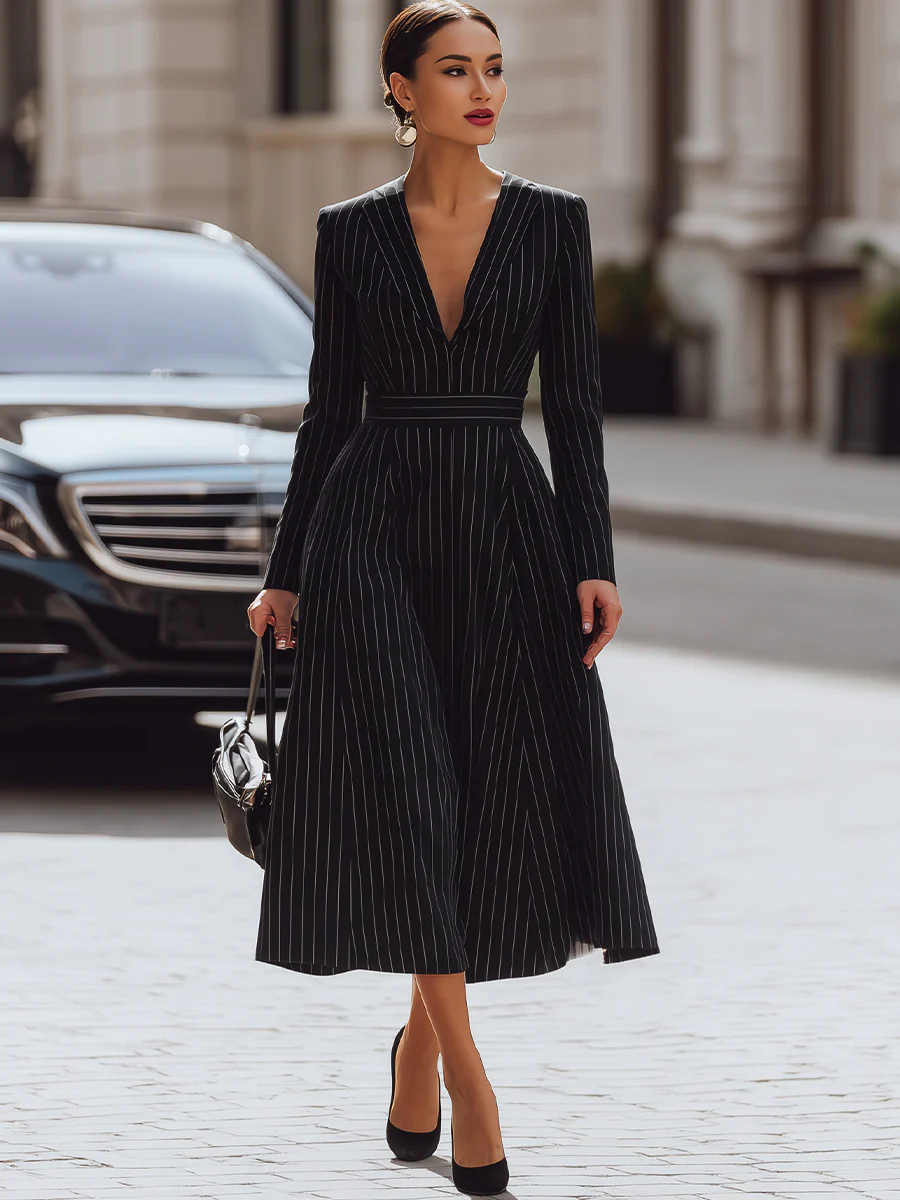 Black Pinstripe V-Neck Midi Dress