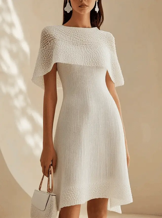 24-Hour-Shipping White Knit Midi Dress With Cape Trim