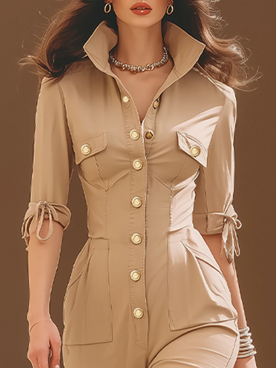 Chic Beige Utility-Inspired Tailored Jumpsuit