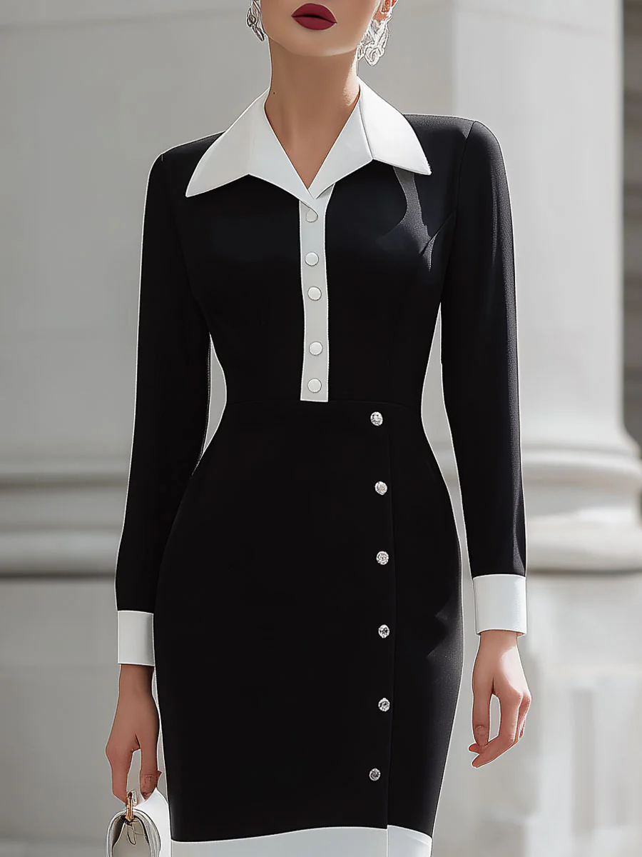 Elegant Black & White Contrast Button Midi Dress For Timeless Sophistication