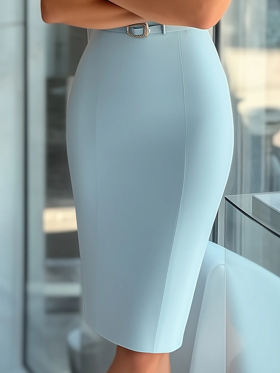 Sleek Sky Blue Asymmetrical Dress with Belt