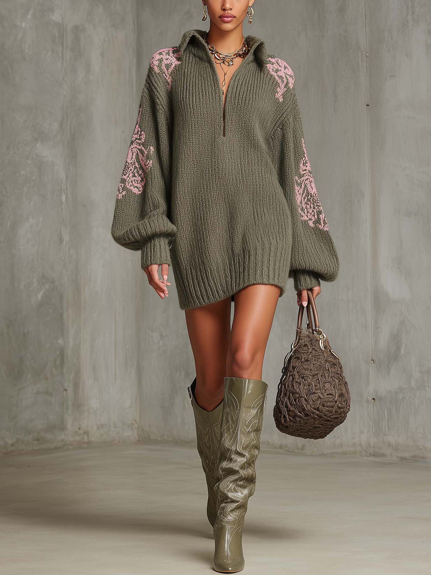 Gray-green Knitted Mini Dress With Pink Embroidery