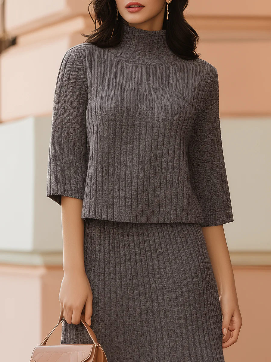 Knit Two-Piece Set With Mock Neck Top And A-Line Skirt
