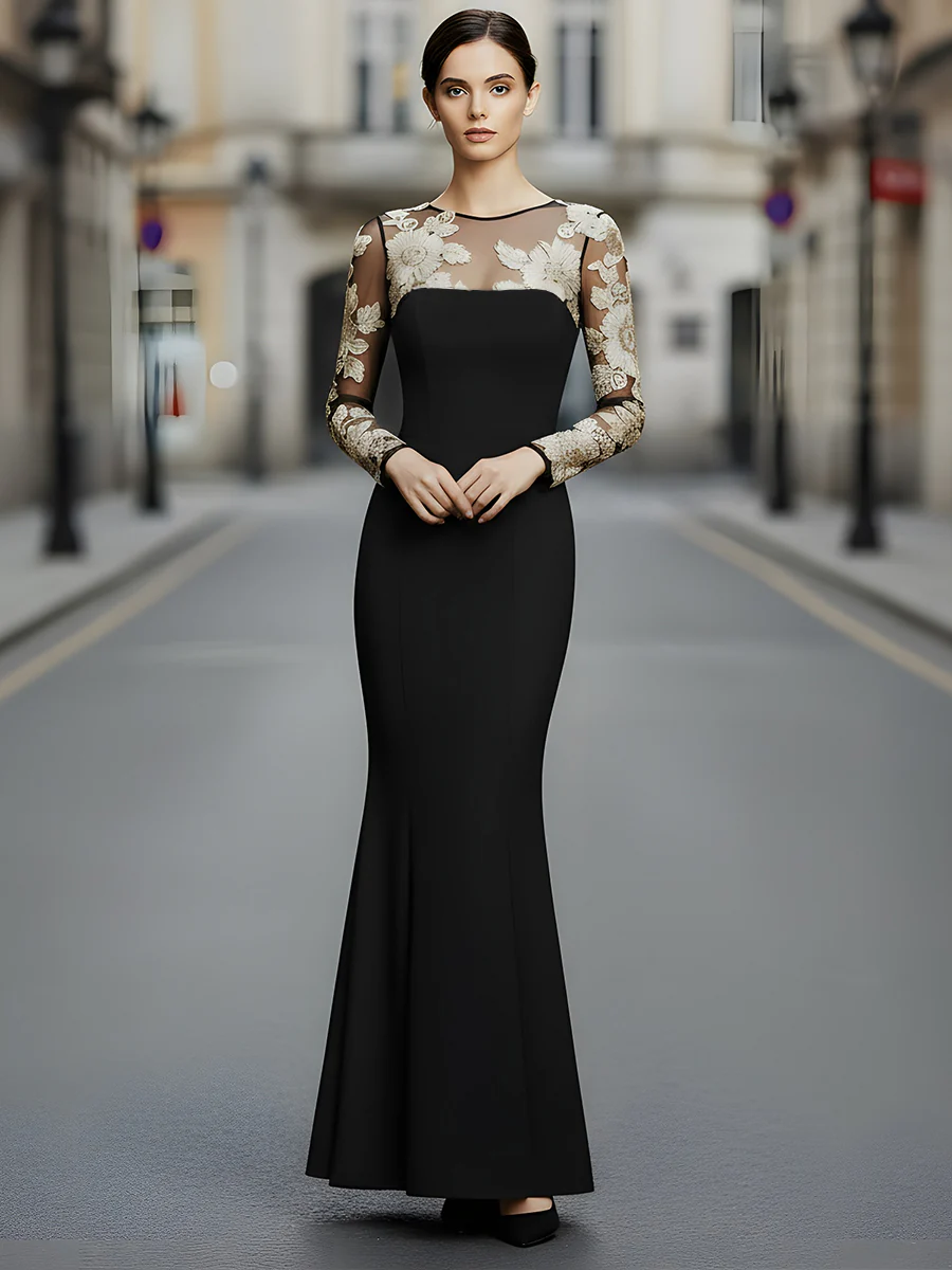 Black Embroidered Mesh Panel Evening Gown