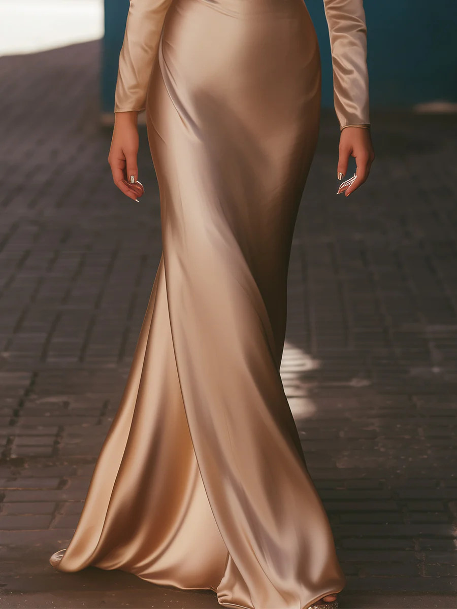 Luxurious Off-Shoulder Satin Evening Gown With Cowl Neckline