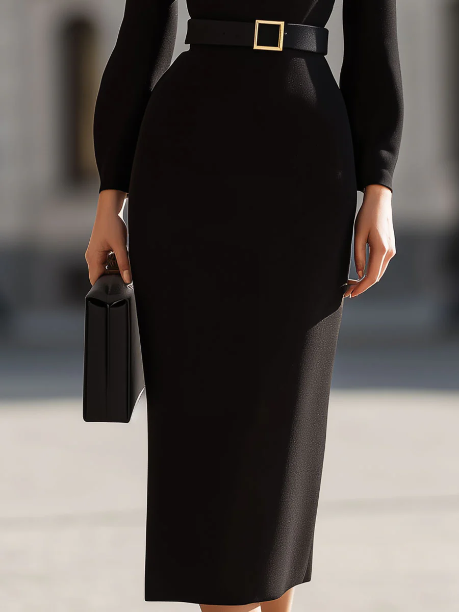 Timeless Fitted Dress With Wrap Belt In Classic Bla