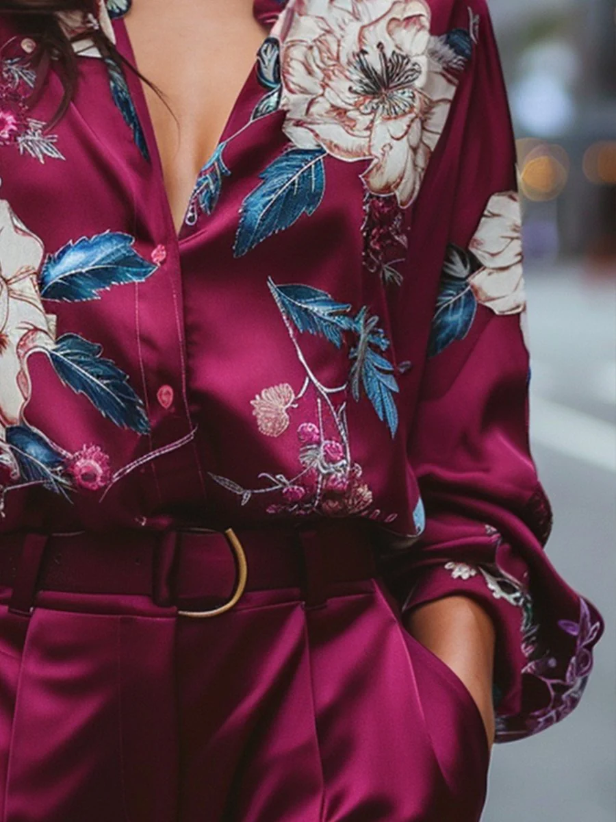 Vibrant Floral Print Burgundy Satin Blouse