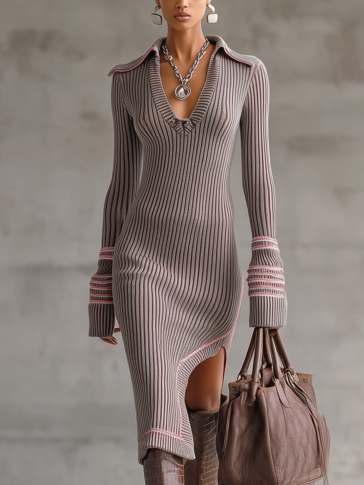 Grey Ribbed Knit Collared Slim Fit Midi Dress