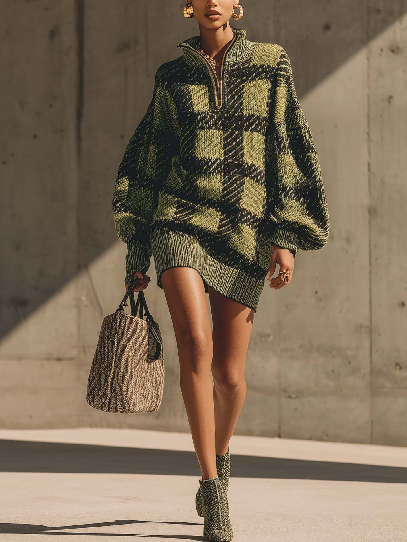 Olive Green Knit Mini Dress With Dark Green Plaid