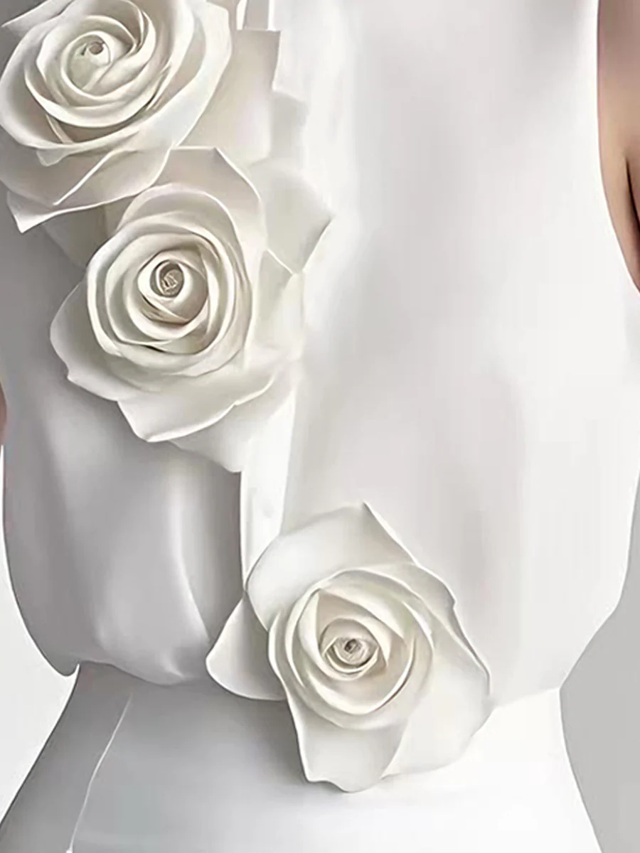 Modern Sleeveless White Blouse with 3D Rose Accents