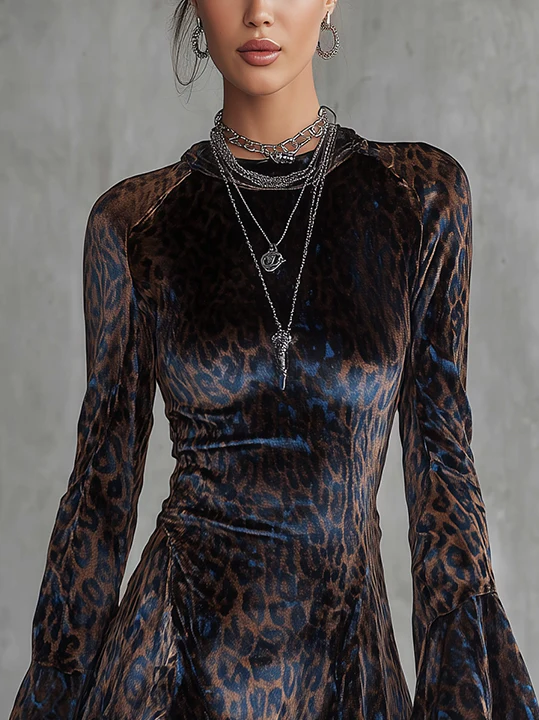 Brown And Blue Velvet Mini Dress With Leopard Print And Flared Sleeves