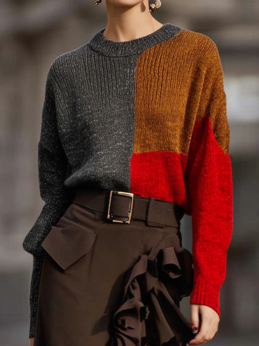 Colorblock Knit Sweater And Ruffle Skirt Set