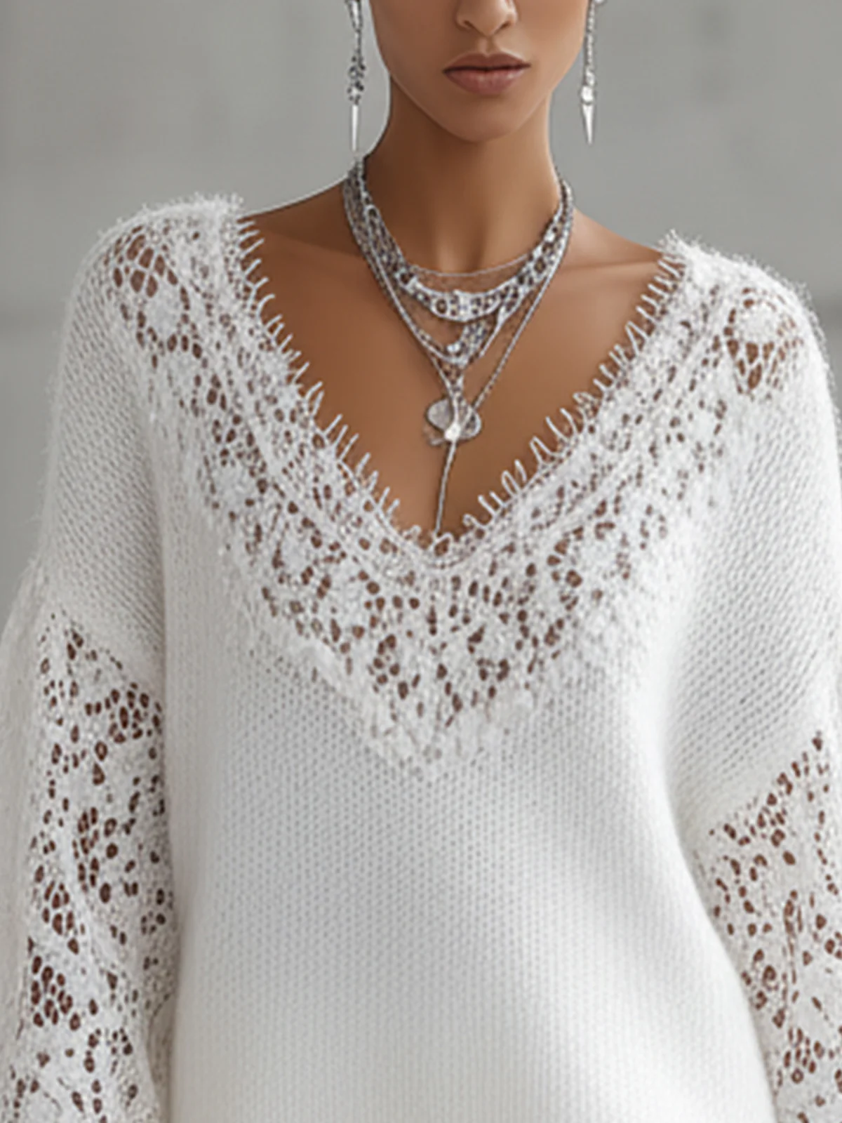 White V-Neck Knit Sweater With Lace Insets And Balloon Sleeves