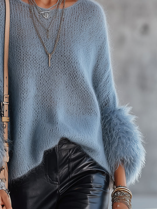 Blue Mohair Sweater With Feather Cuff Detail