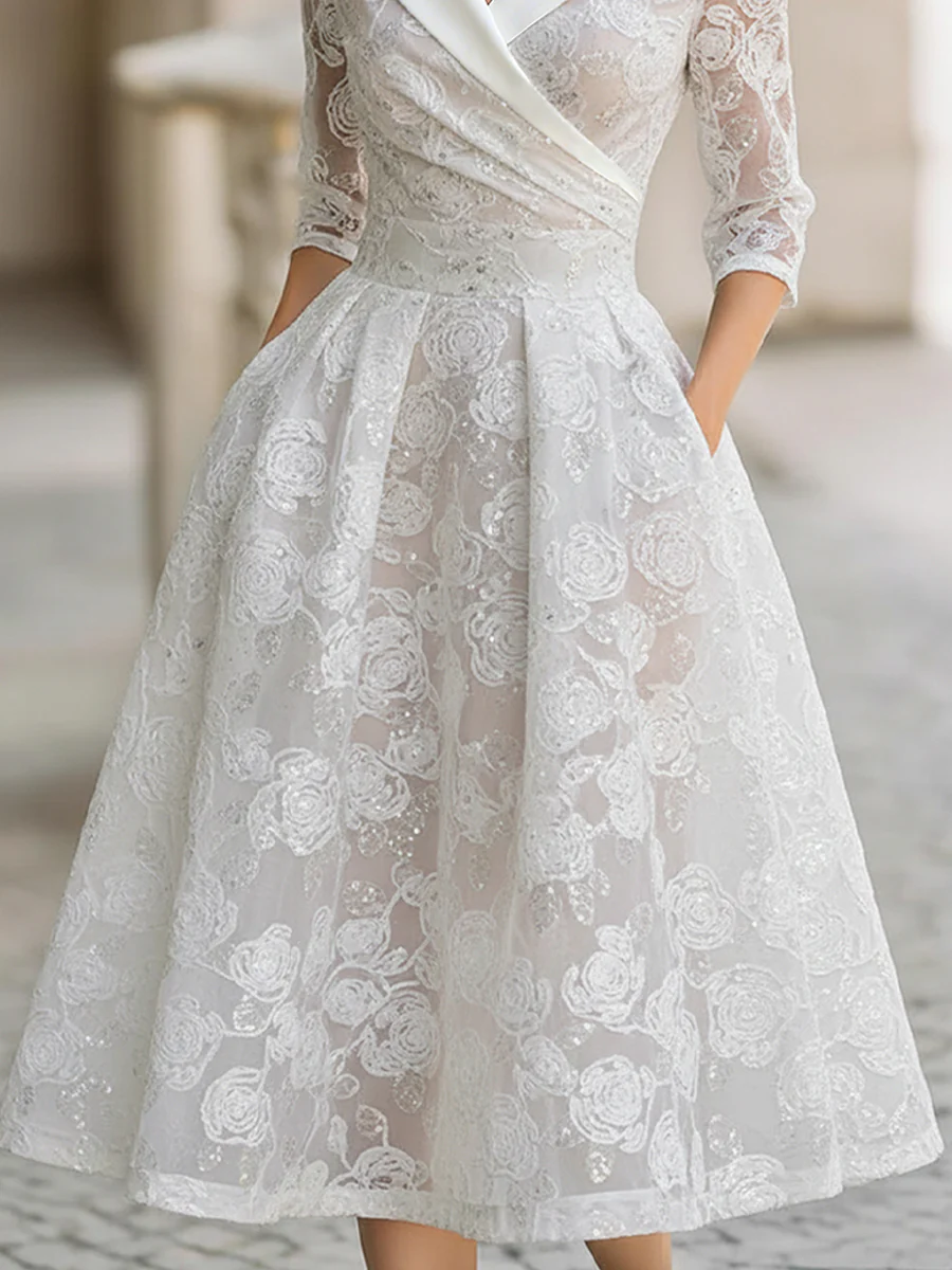 Elegant Lace Midi Dress With White Shawl Collar