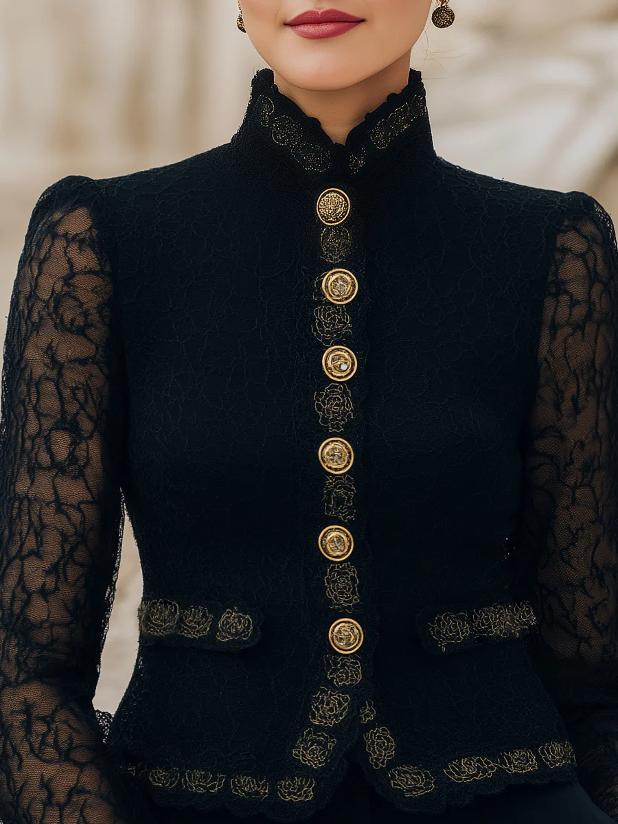 Lace Stand Collar Blazer With Buttons Front