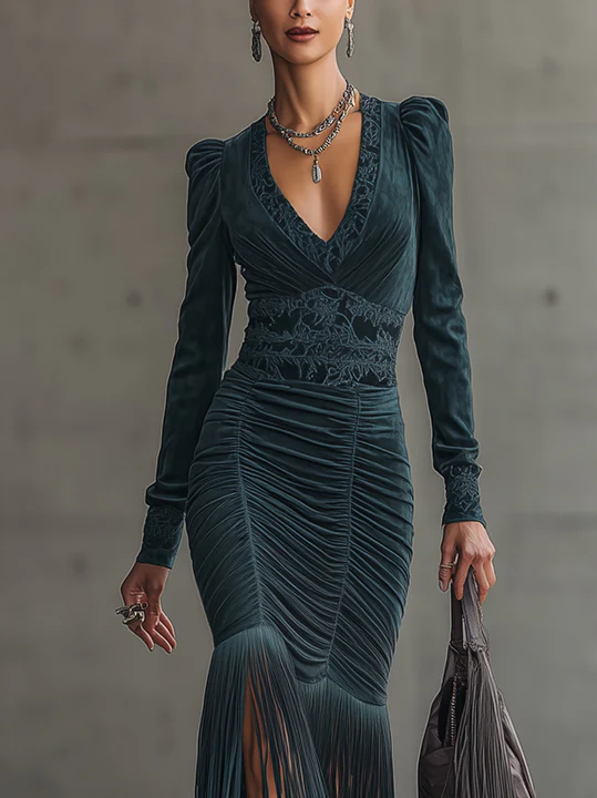 Deep Blue Faux Suede Maxi Dress With Fringe Hem And Embroidery