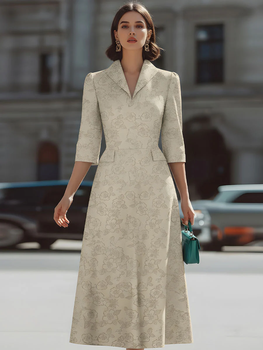 Chic Beige Dress With Subtle Floral Print - Perfect For Day To Night Looks