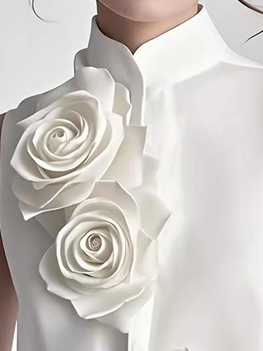 Modern Sleeveless White Blouse with 3D Rose Accents