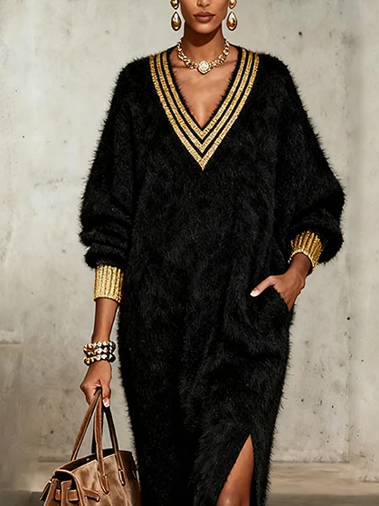 Black Fuzzy Knit Dress With Gold Accents