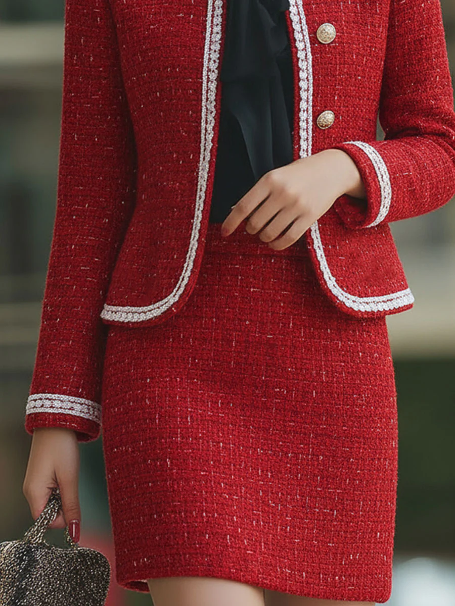 Red Tweed Contrast - Trim Skirt Suit