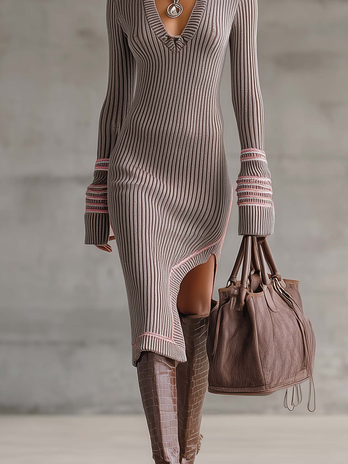 Grey Ribbed Knit Collared Slim Fit Midi Dress