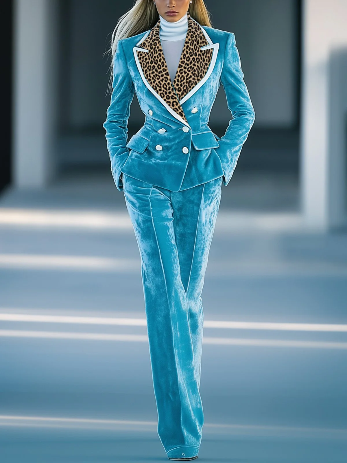 24-Hour-Shipping Stylish Blue Velvet Suit With Leopard Print Lapel