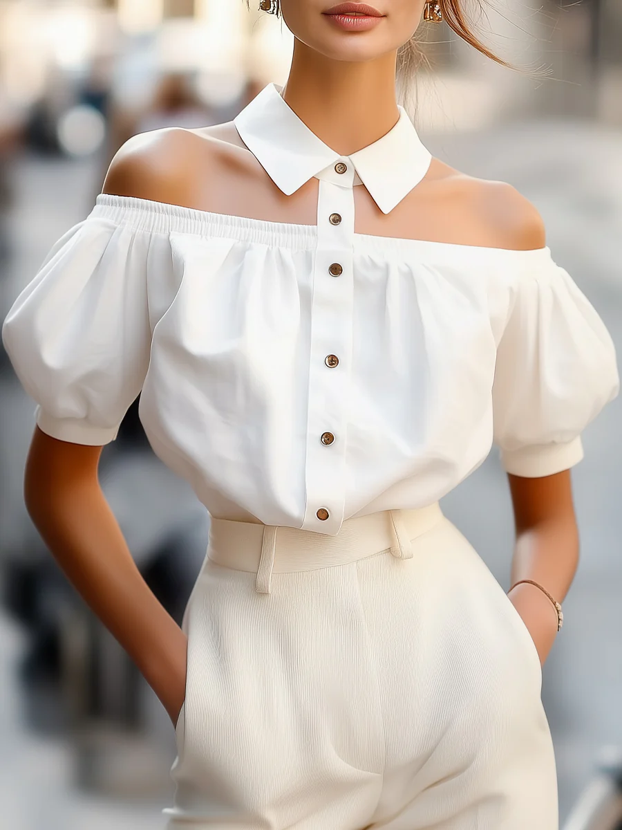 Chic Off-Shoulder Button-Up Blouse with Statement Collar